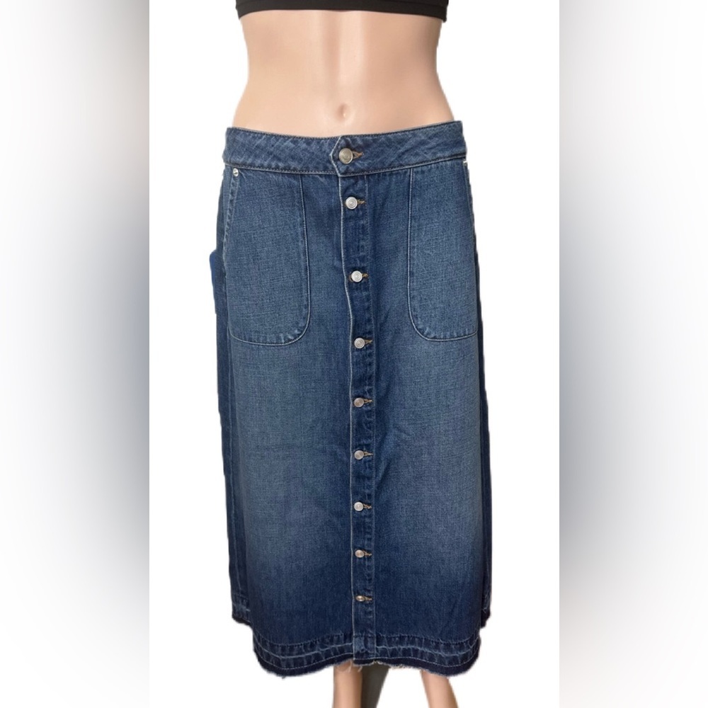 Daily Blue Skirt L Denim Midi Skirt Button Front Pockets Modest Jean Skirt NWT - Picture 2 of 11